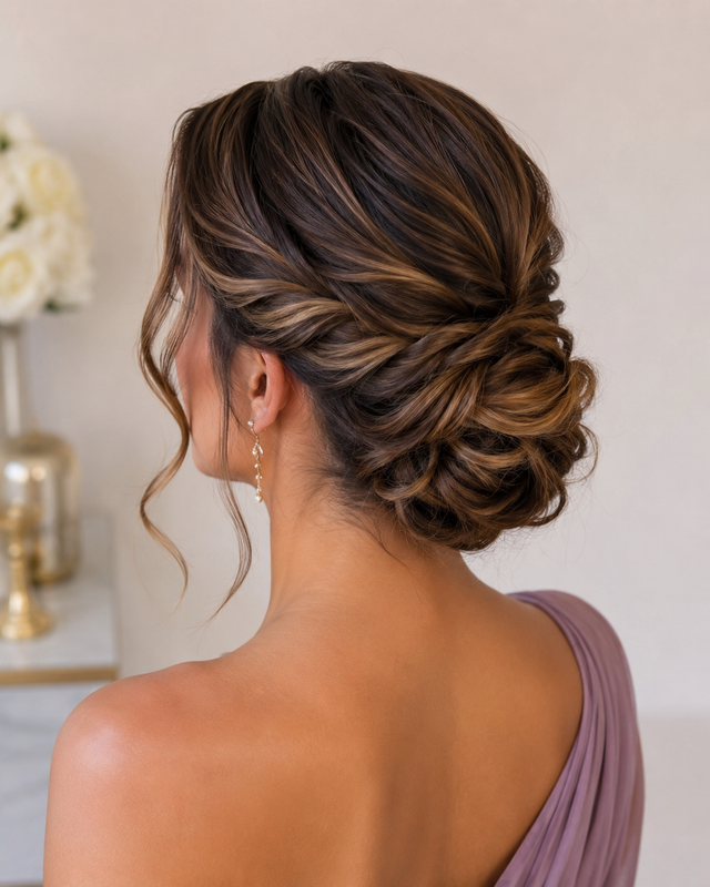 Elegante acconciatura raccolta con trecce e morbidi ricci su una donna che indossa un abito color malva.
