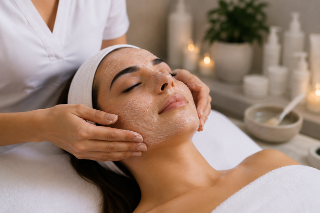 Trattamento viso in spa con massaggiatore sul viso di una donna dopo l'applicazione di una maschera cremosa.