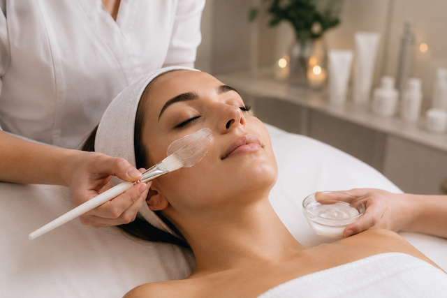 Trattamento viso in una spa, con applicazione di crema sulla guancia di una donna mentre è sdraiata con gli occhi chiusi.