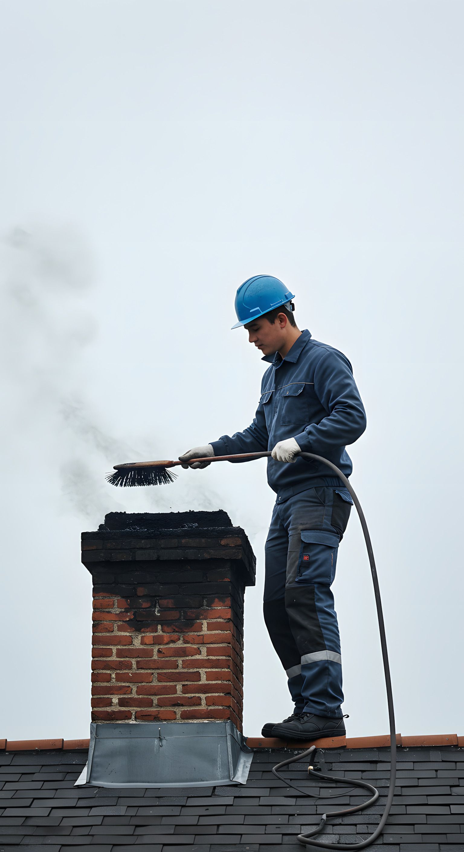 Worker cleaning chimney with brush while standing on rooftop. Worker cleaning chimney with brush while standing on rooftop.