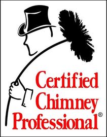 Logo of a chimney sweep in profile holding a brush, with red text: