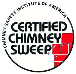 Circular logo for Certified Chimney Sweep. Black text on a white background, with a brick-red brick pattern