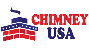 Logo for Chimney USA  a chimney constructed with red bricks and a blue and white top with a plume of smoke.