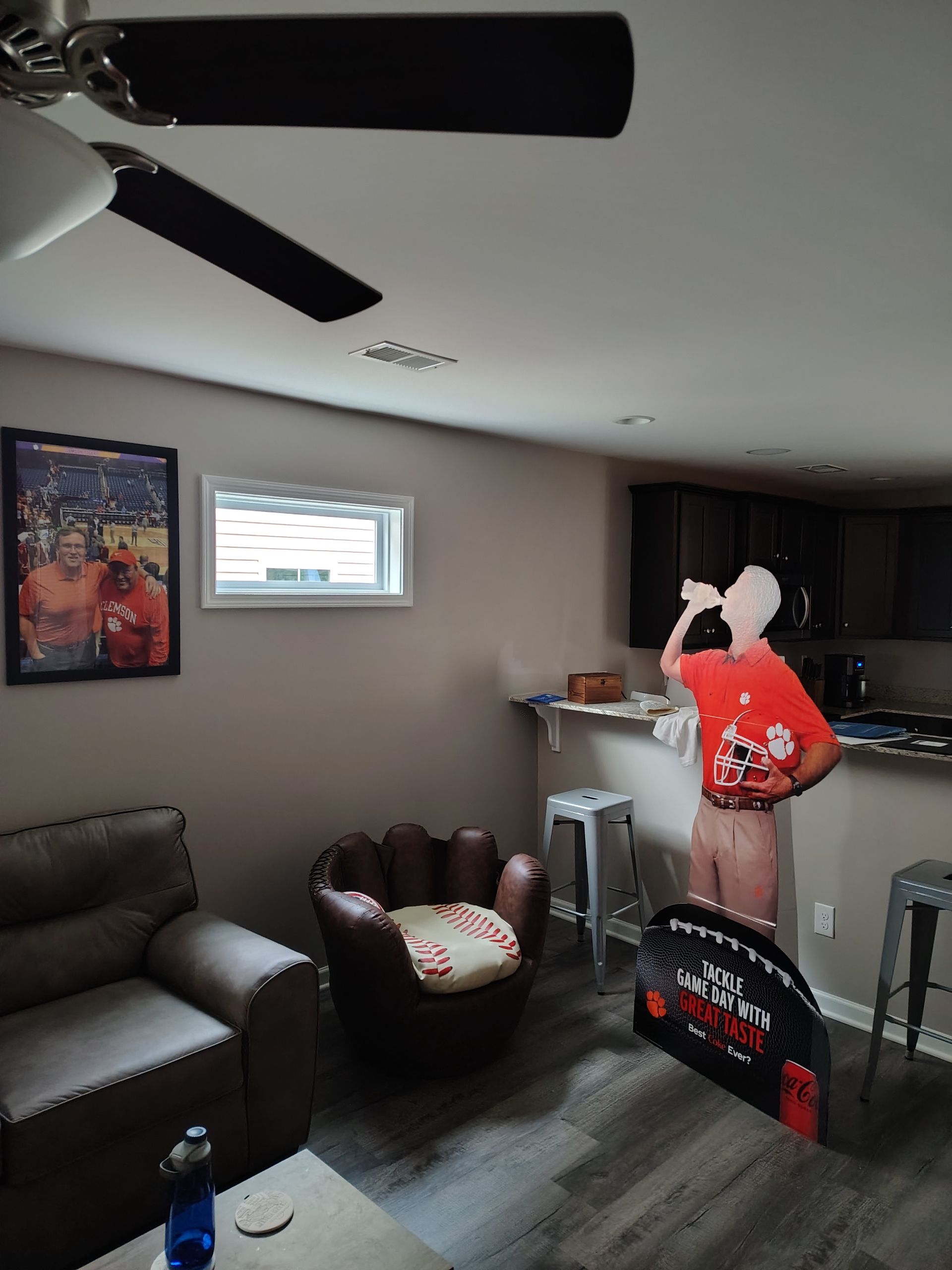 Small living room with brown sofa, armchair, window, and a white dog in a red shirt standing by the cabinet.