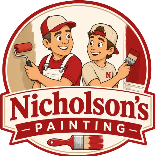 Nicholson's Painting logo with two smiling painters and red paint rollers on a cream background