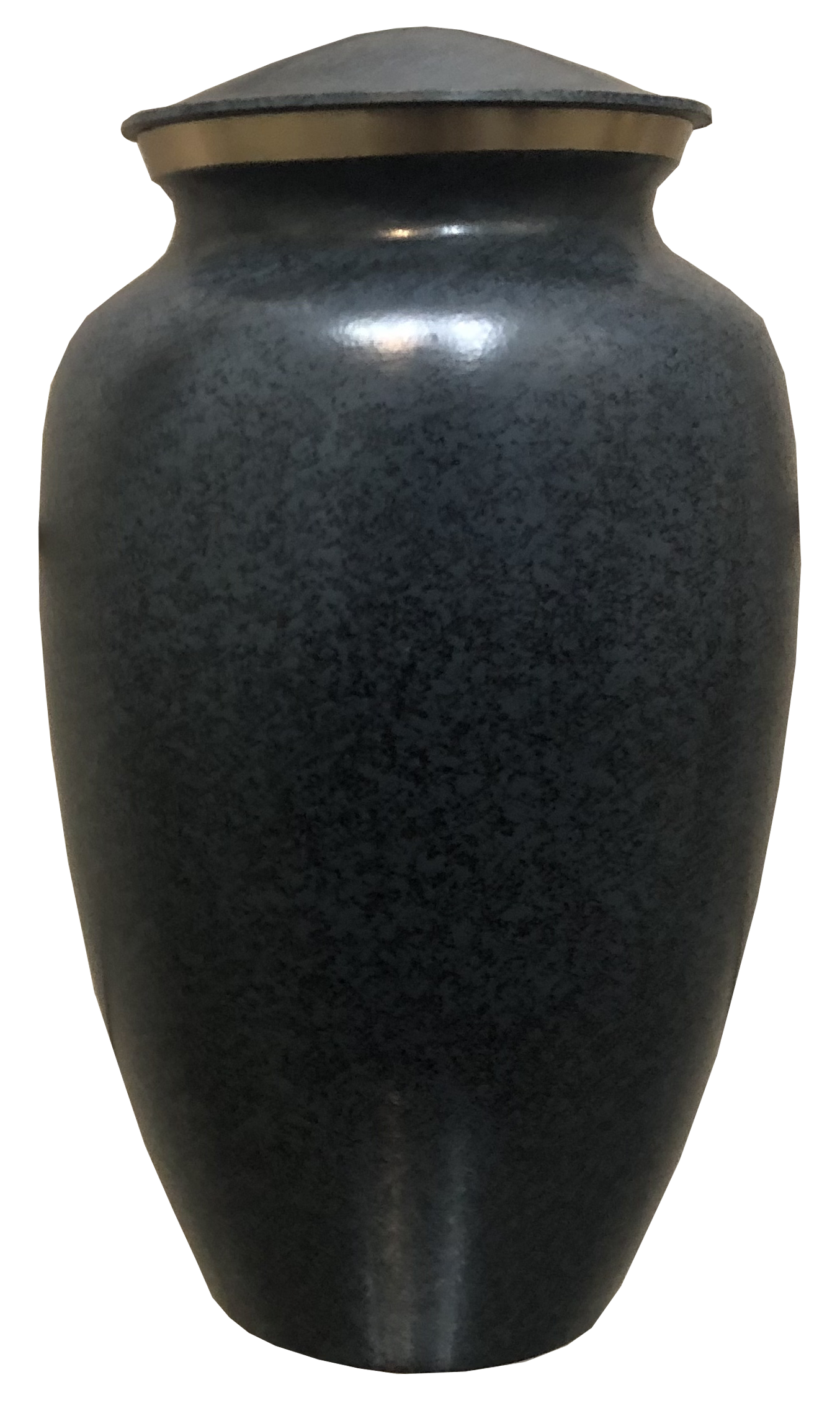 Dark blue speckled urn with a lid, likely for holding ashes.
