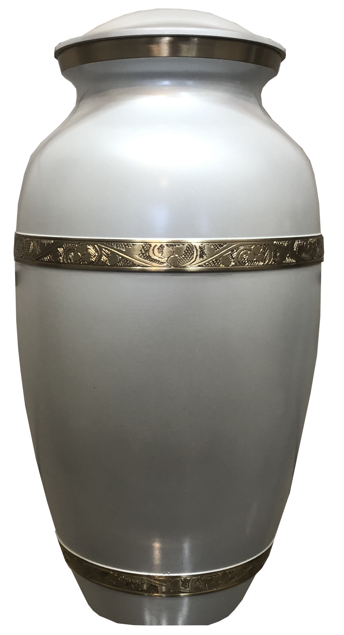 Light gray cremation urn with gold trim.