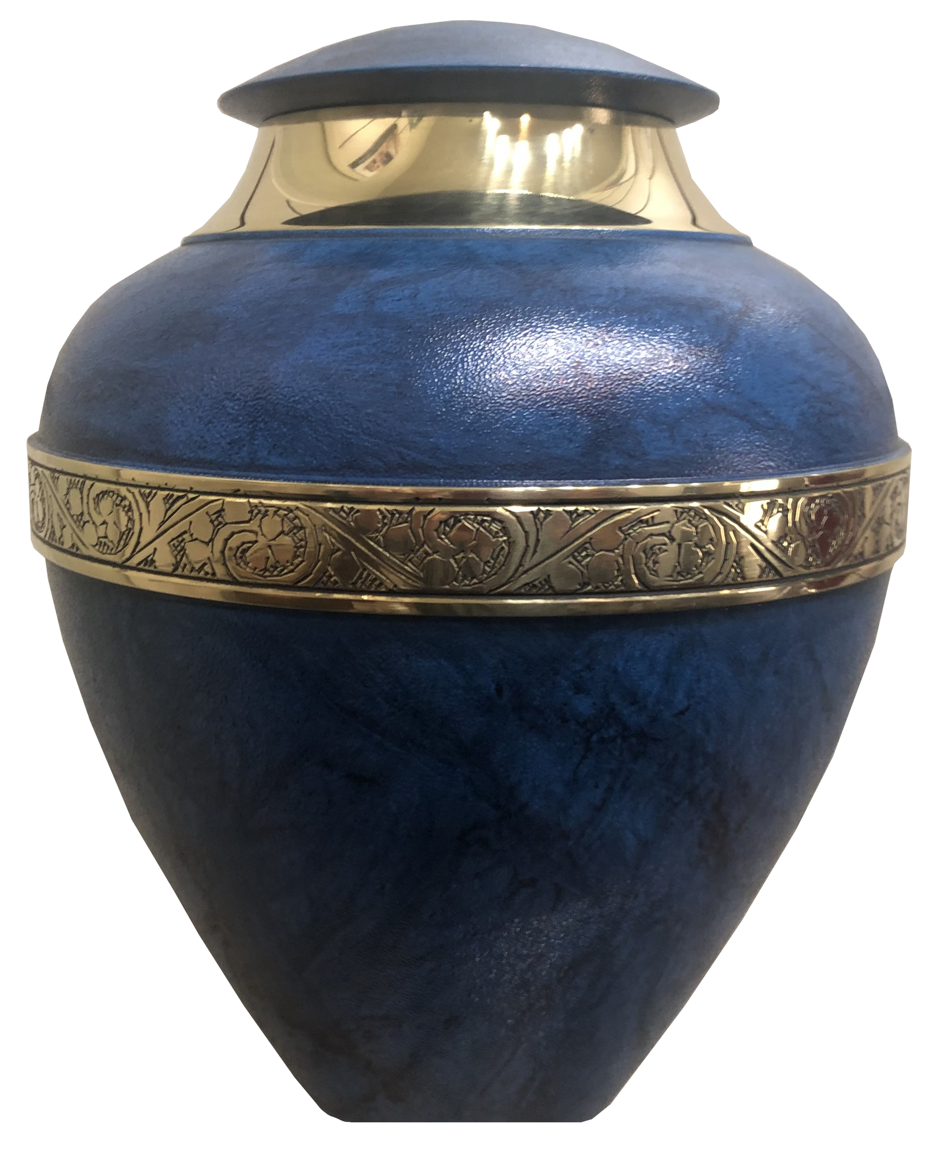 Blue cremation urn with brass accents.
