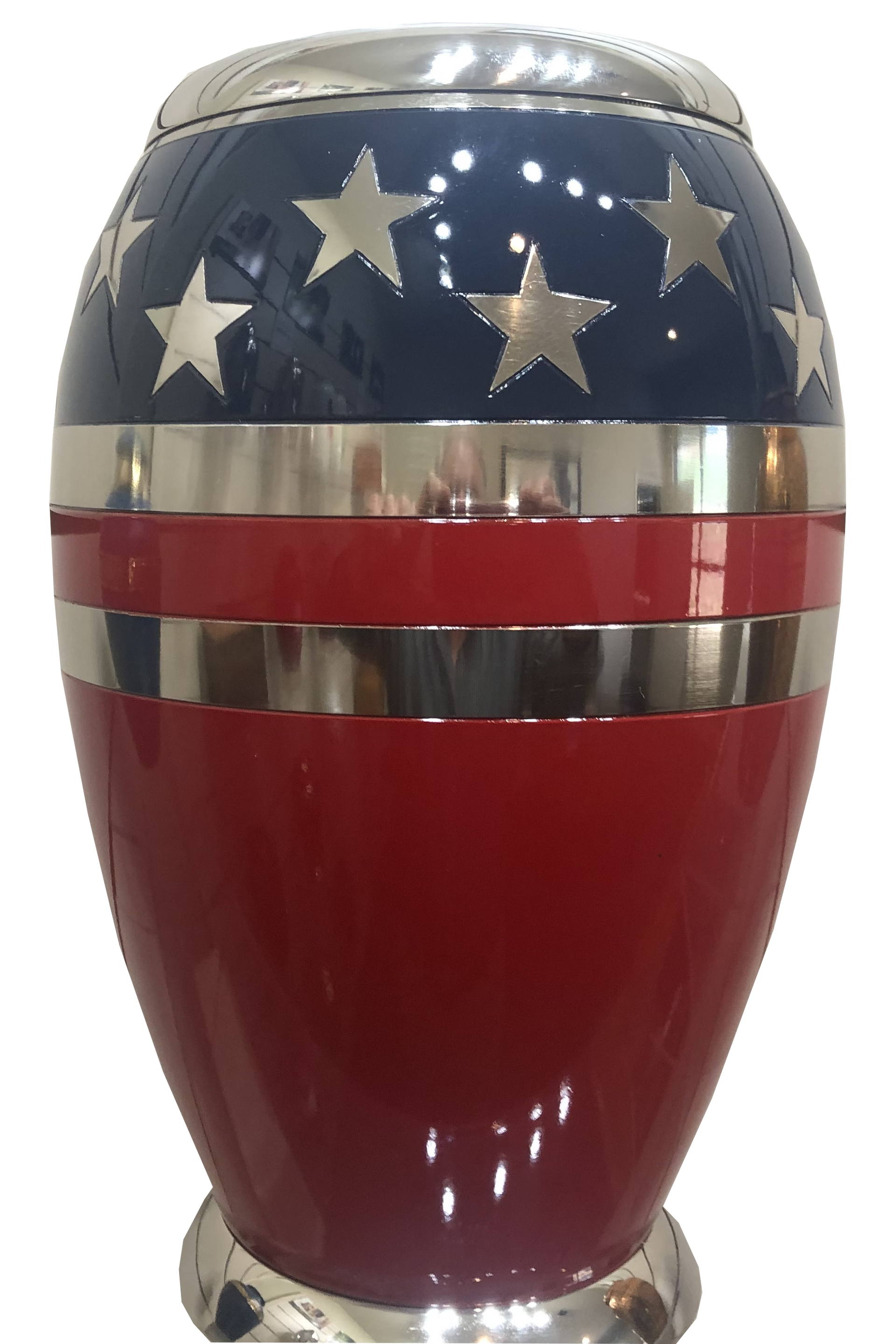 American flag-themed cremation urn with blue top featuring stars, red and silver stripes.