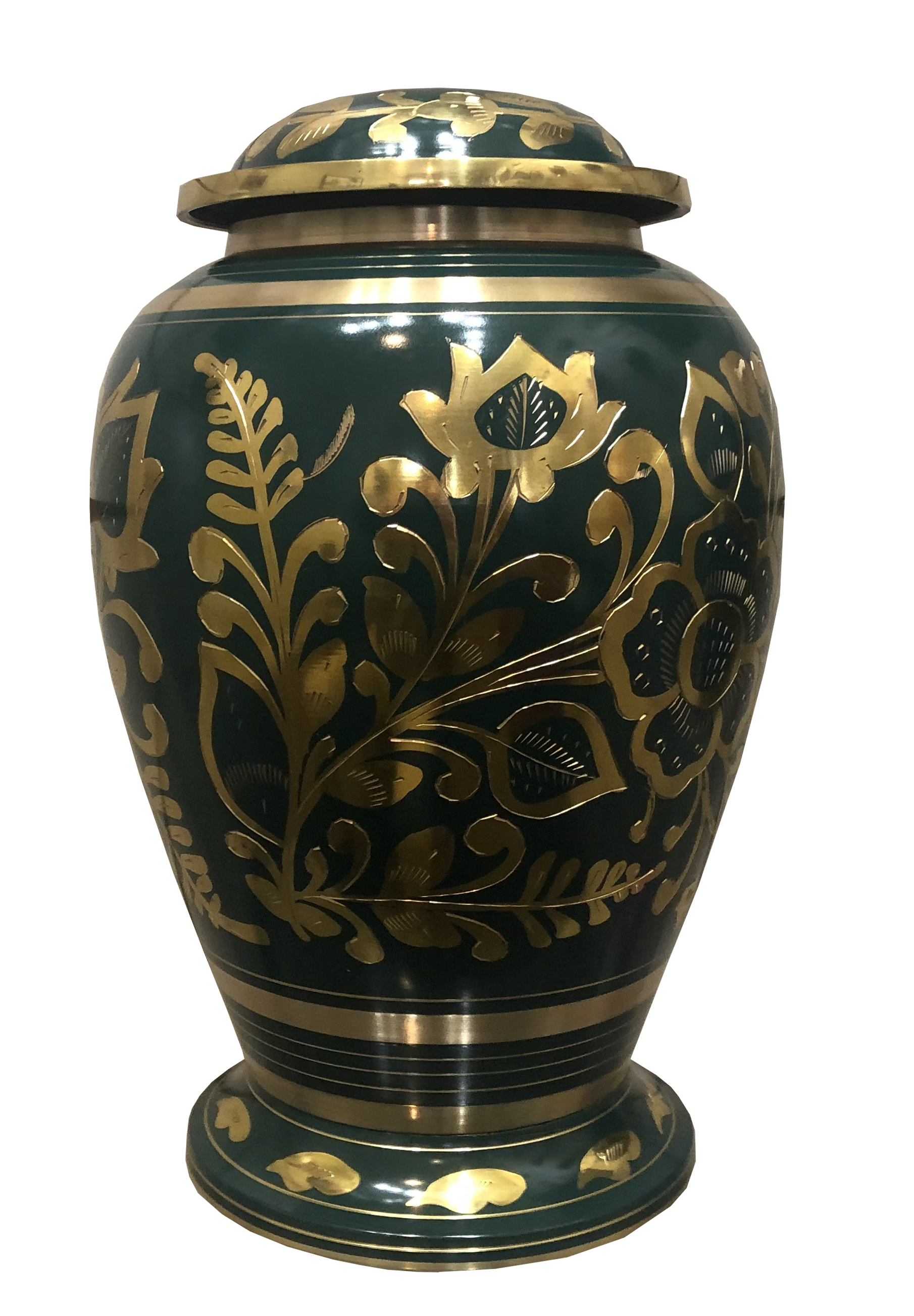 Green and gold floral cremation urn with lid.