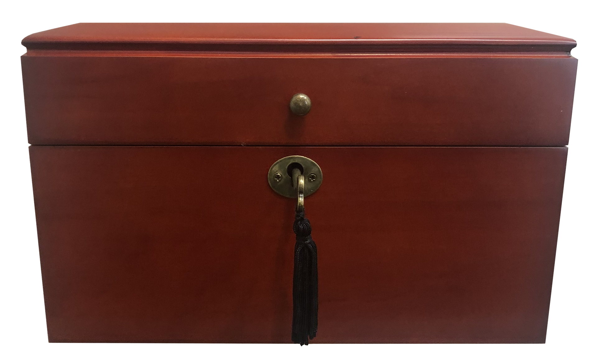 Wooden tea chest, brown with a key and tassel.