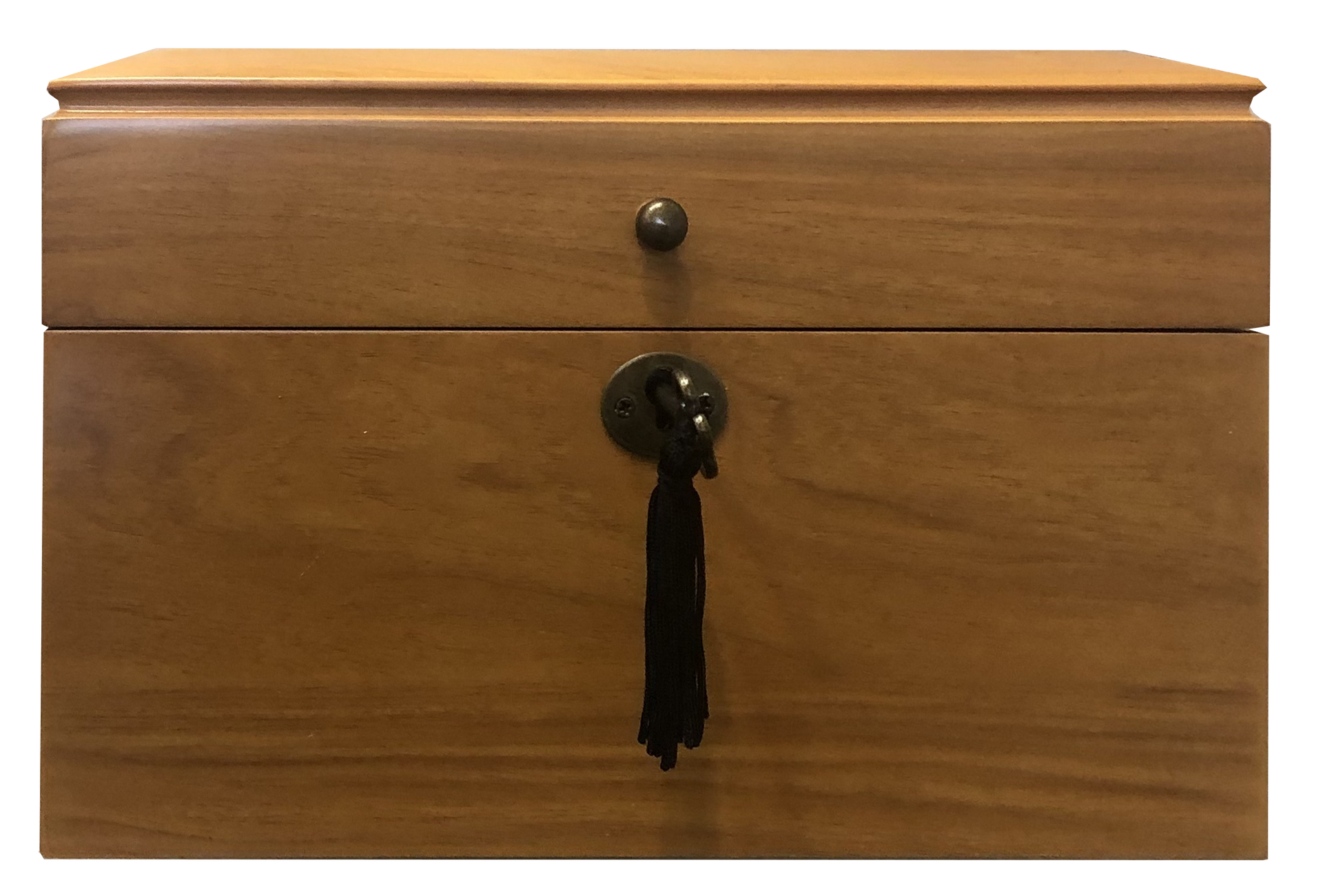 Wooden box with a key hanging from the lock, and a small knob above.
