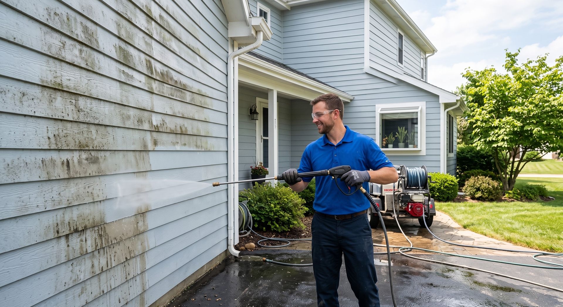 Man pressure washing a dirty white house exterior and walkway on a sunny day