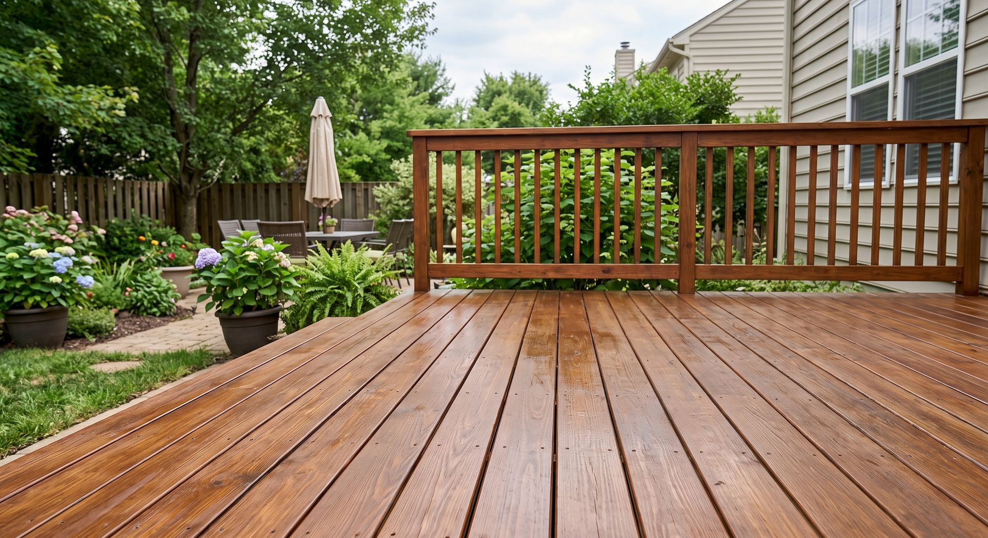 Wooden deck overlooking a lush backyard garden with patio furniture and a house exterior