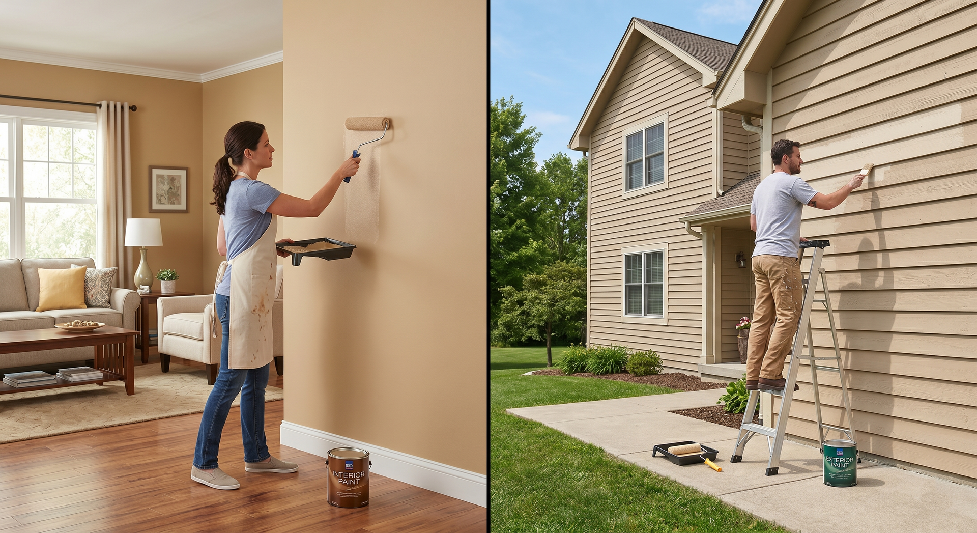 Split image: woman paints an interior wall; man paints an exterior house wall.