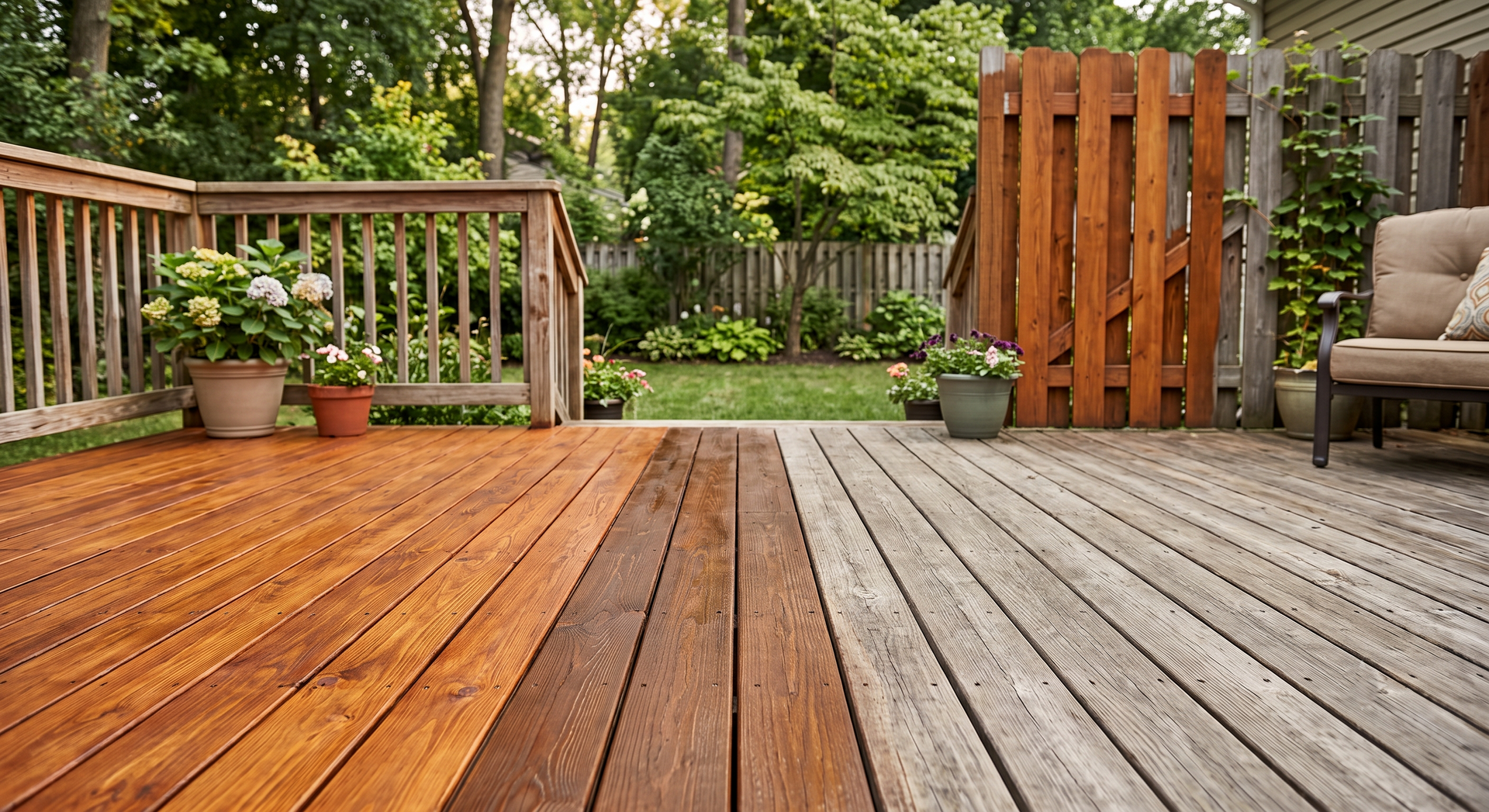 Wooden deck with potted plants, a railing, and outdoor seating in a lush backyard garden