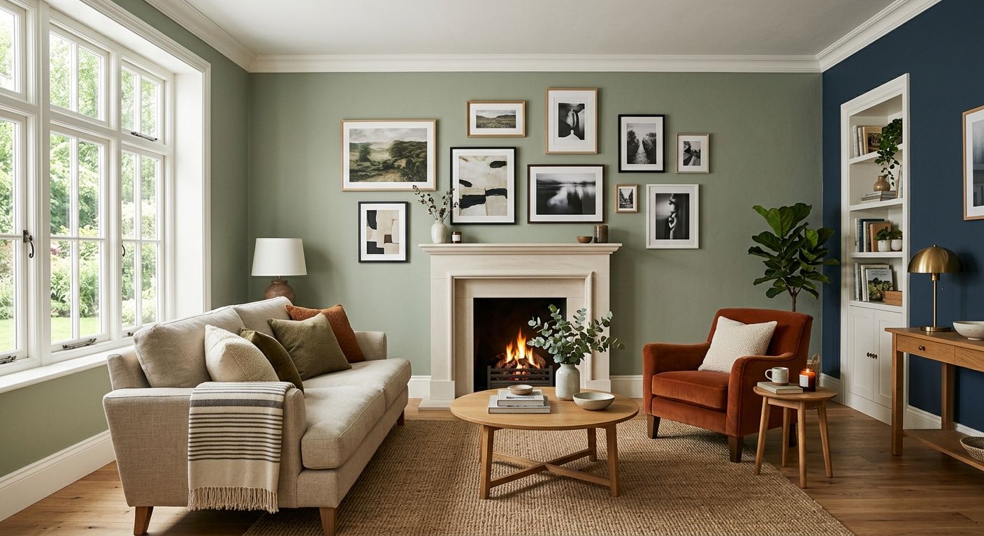 Cozy living room with fireplace, beige sofa, armchairs, gallery wall, and woven rug in soft green tones
