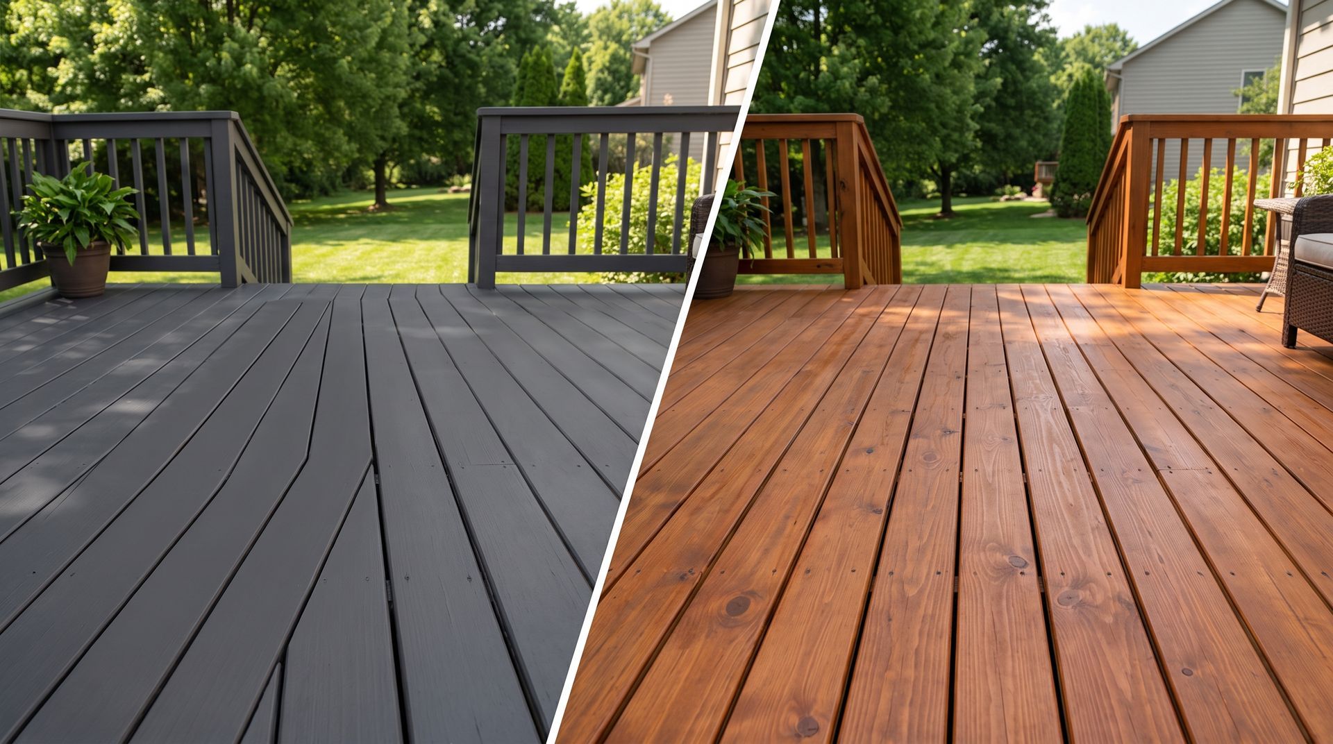 Split-view of a deck before and after staining, showing gray planks on the left and warm wood on the right.