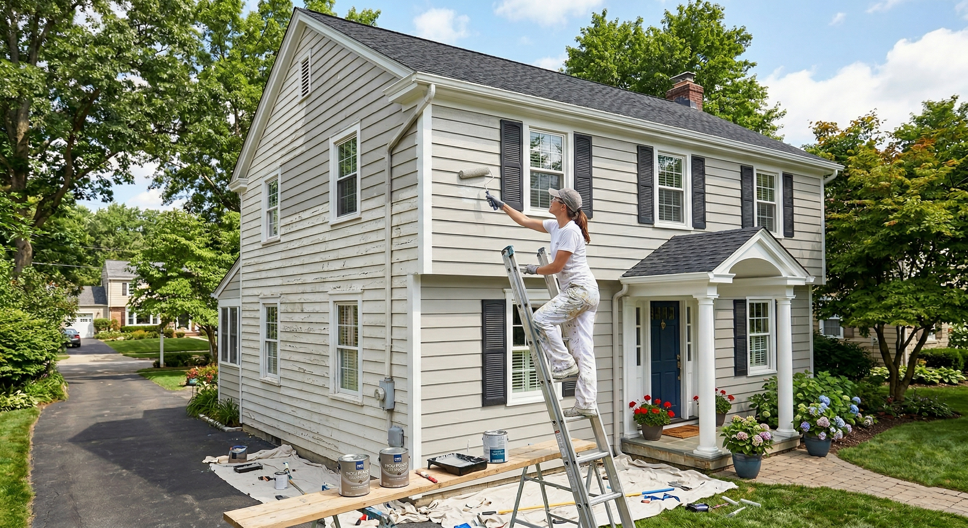 A person on a ladder paints the exterior of a light-colored, two-story house on a sunny day.