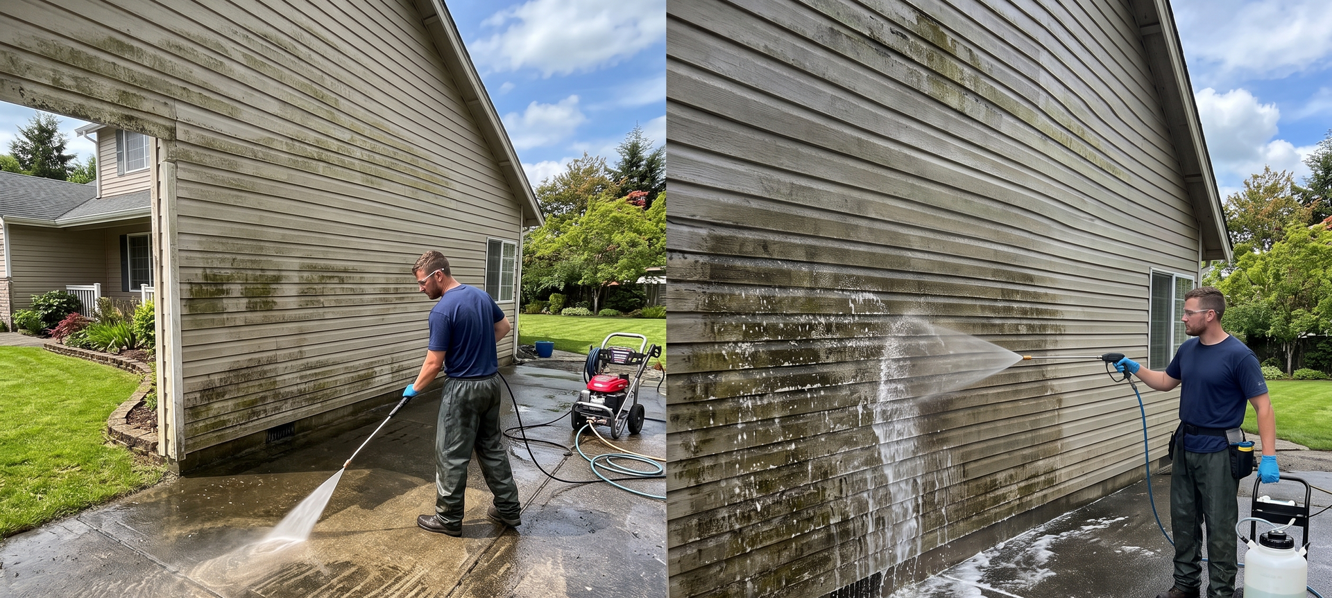 Two men pressure-wash a house’s vinyl siding and foundation near a driveway.