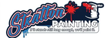 Logo for Stratton Painting with text, paint splatter, and paint sprayer.