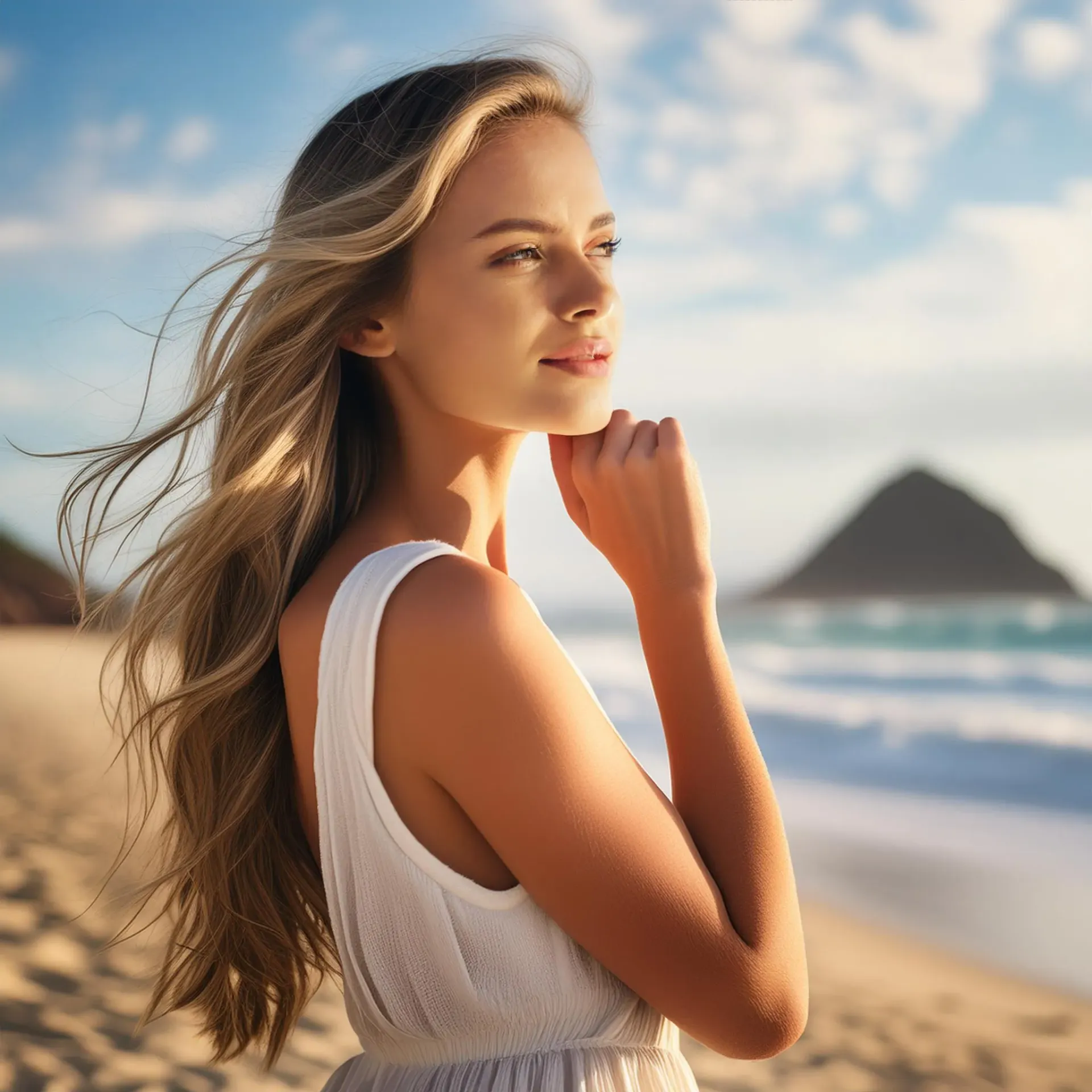 A woman in a white dress is standing on a beach