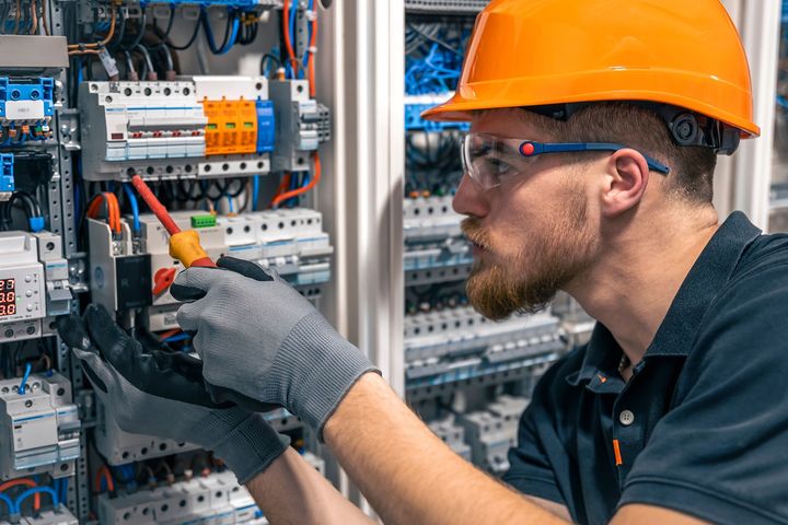 Technician in orange hard hat adjusts wiring in an electrical control panel.