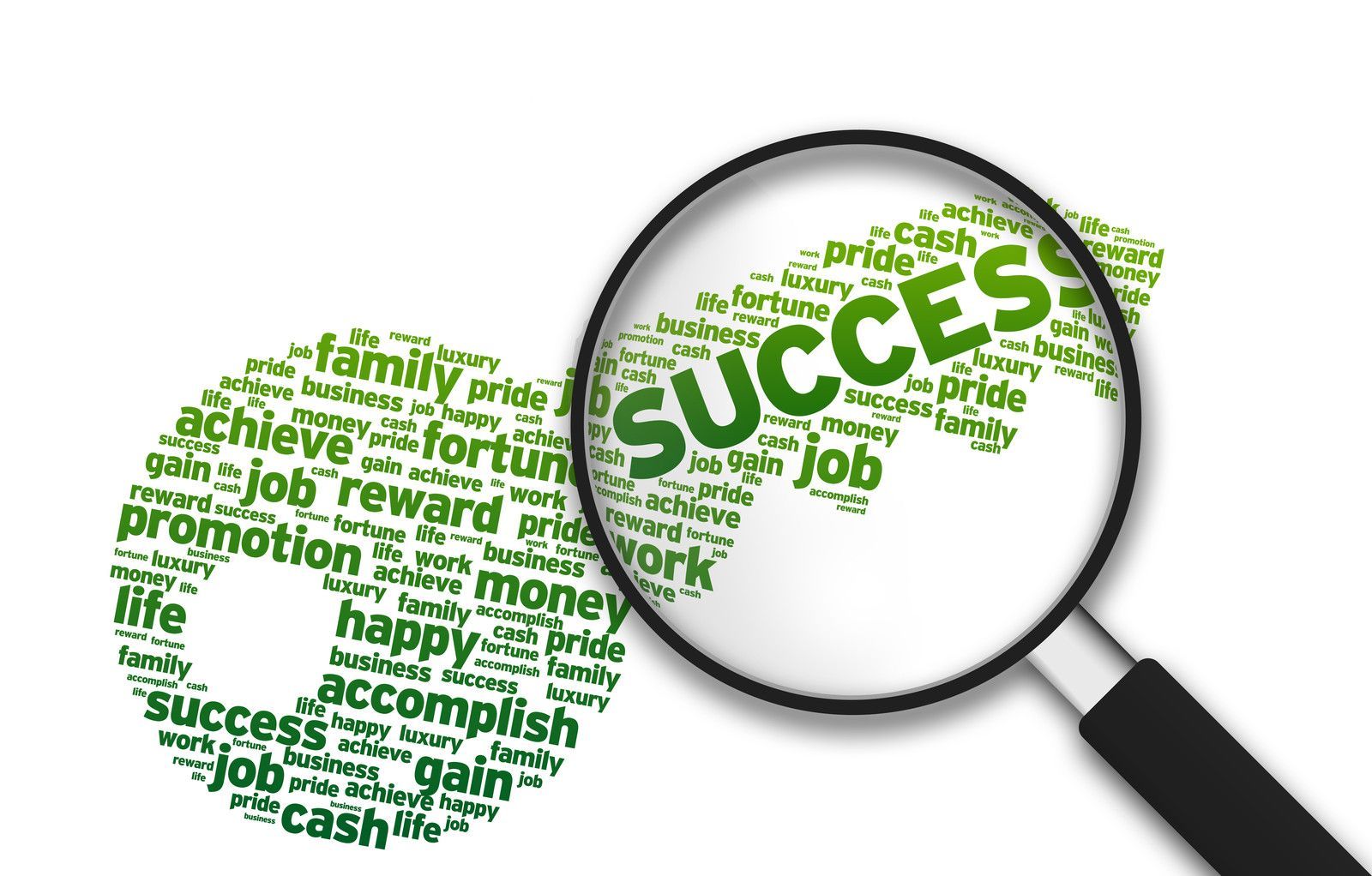 Magnifying glass hovering over word cloud with the word success highlighted