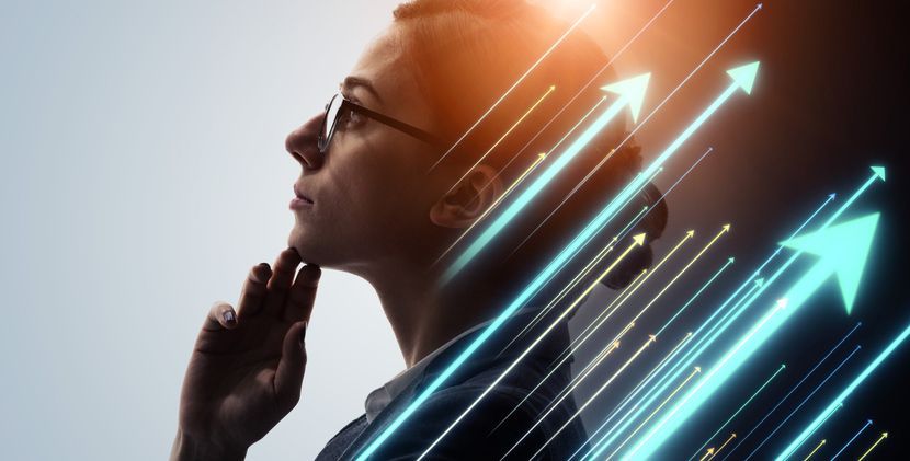 Businesswoman contemplating with upward pointing arrows overlaid next to her image
