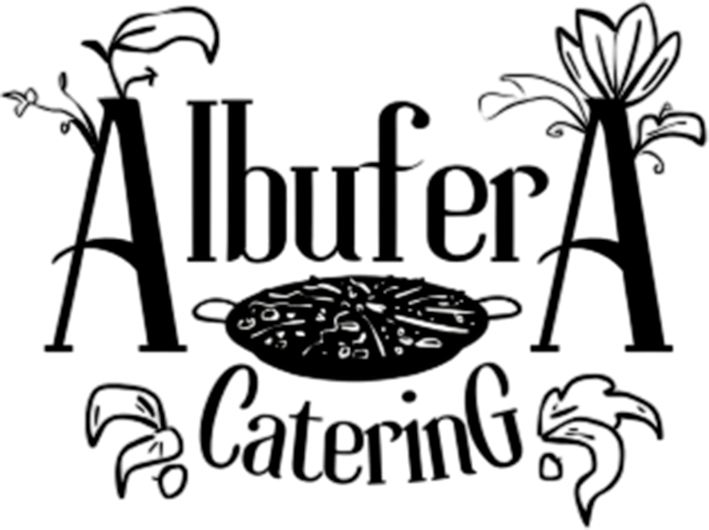 Logo for Albufera Catering, featuring text, a paella dish, and plant illustrations.