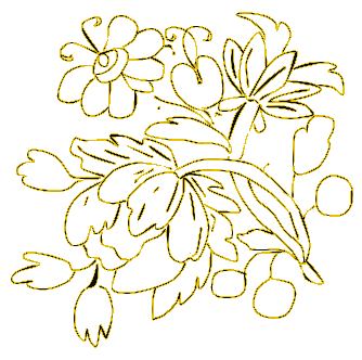 Gold floral illustration on white background.
