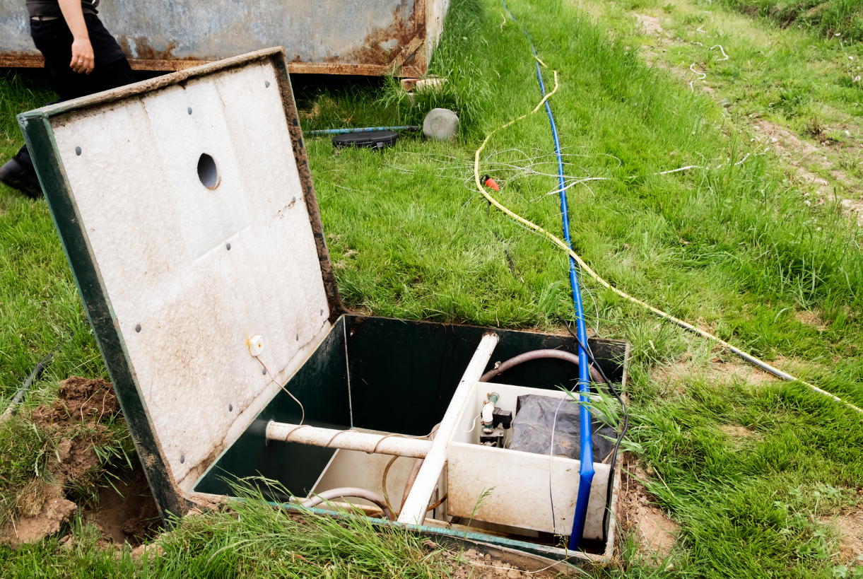 a man is standing next to a septic tank with the lid open