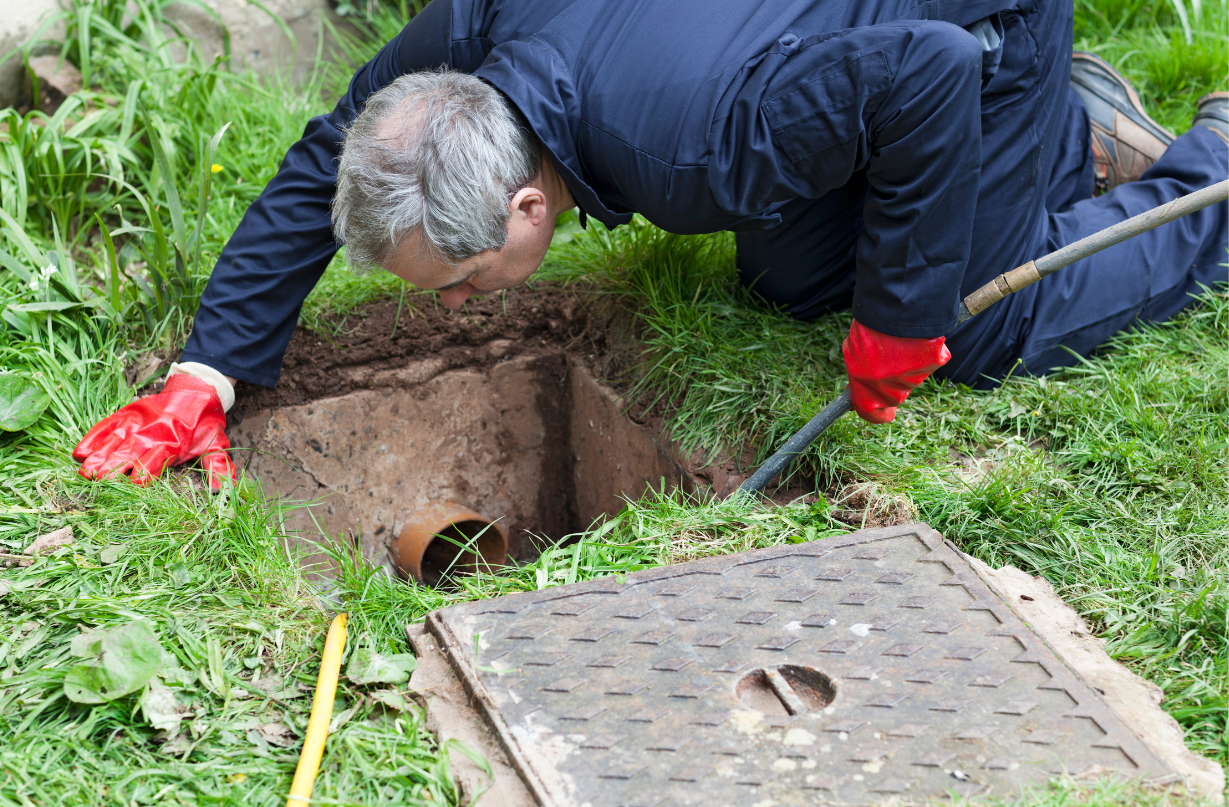 a man wearing red gloves is working on a manhole cover