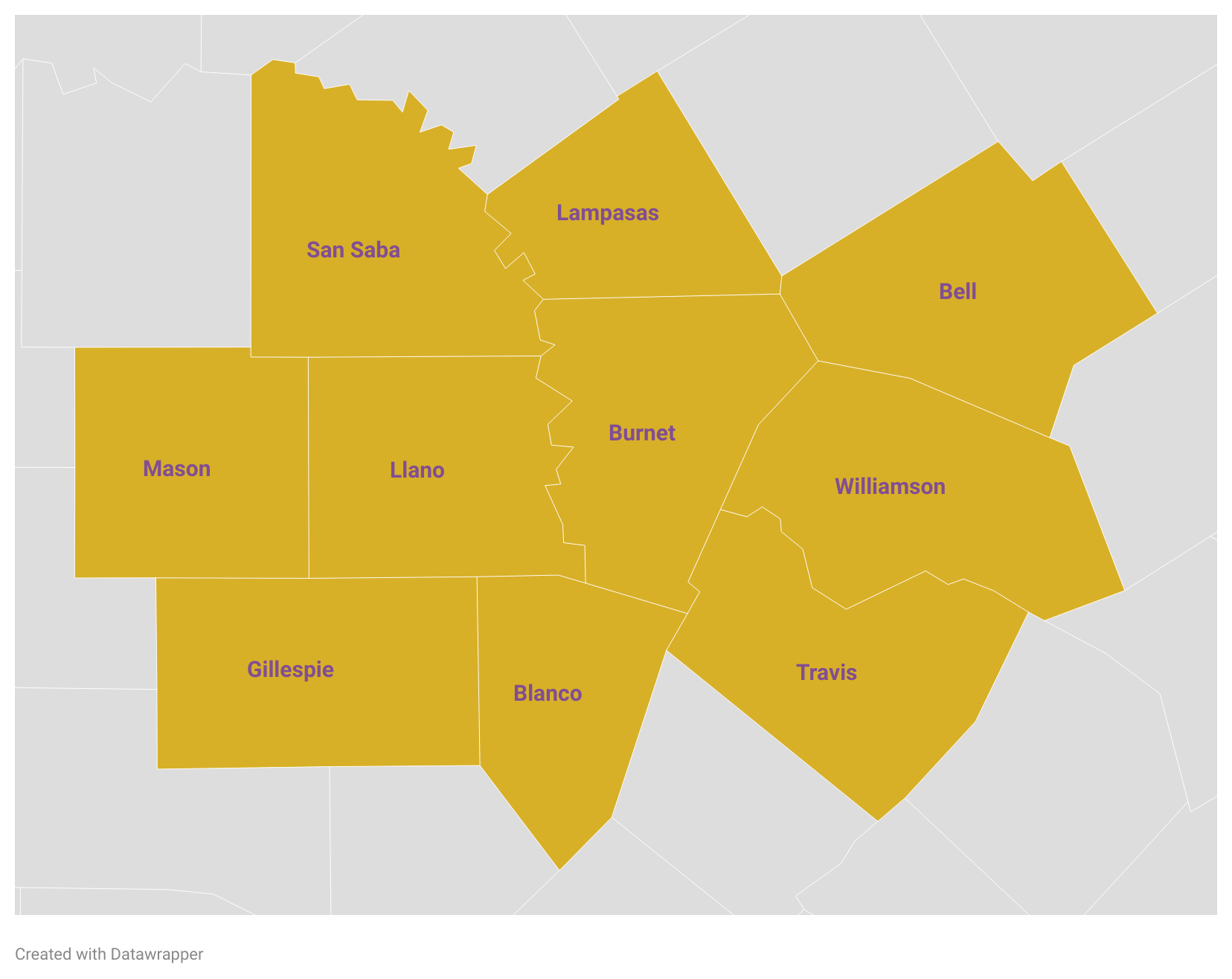 Map of Texas areas shaded in yellow of Bell, Blanco, Burnet, Gillespie, Lampasas, Llano, Mason, San Saba, Travis, and Williamson counties.