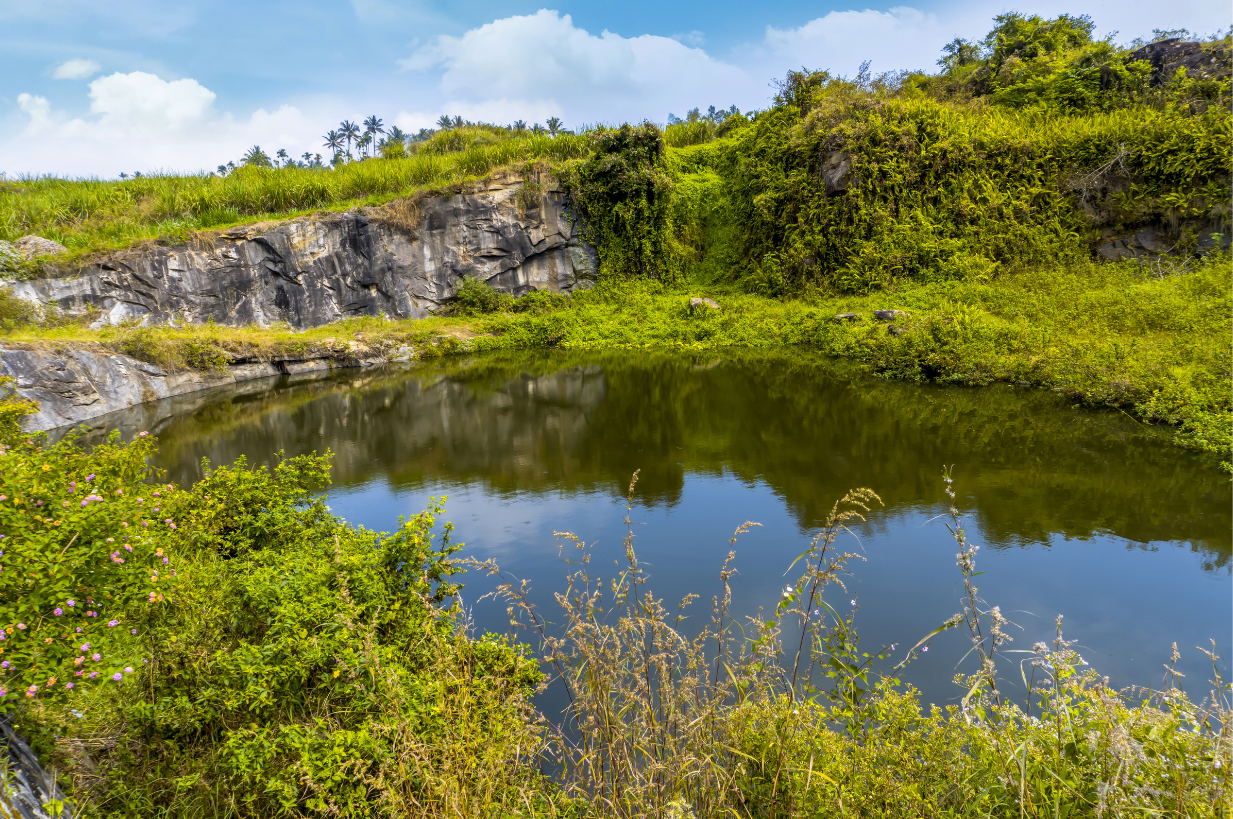 a large body of water surrounded by grass and rocks