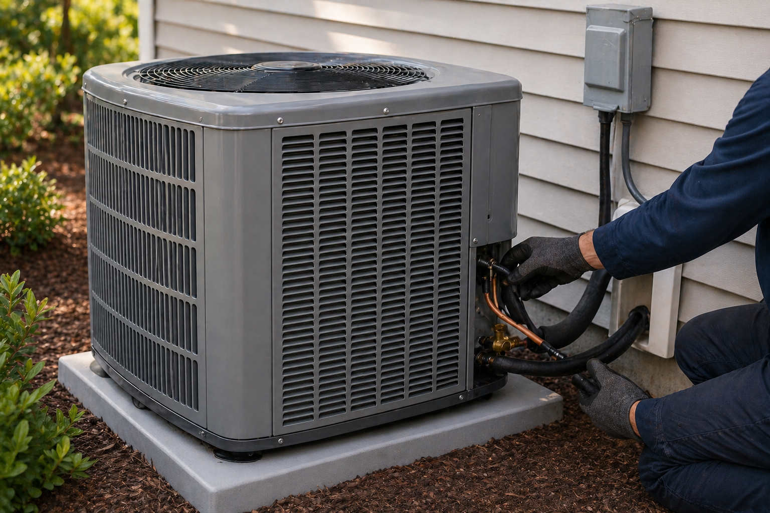 Technician servicing an outdoor air conditioning unit beside a house, with tools and hoses attached