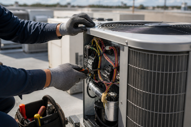 Technician repairing exposed wiring on a rooftop HVAC unit with gloved hands