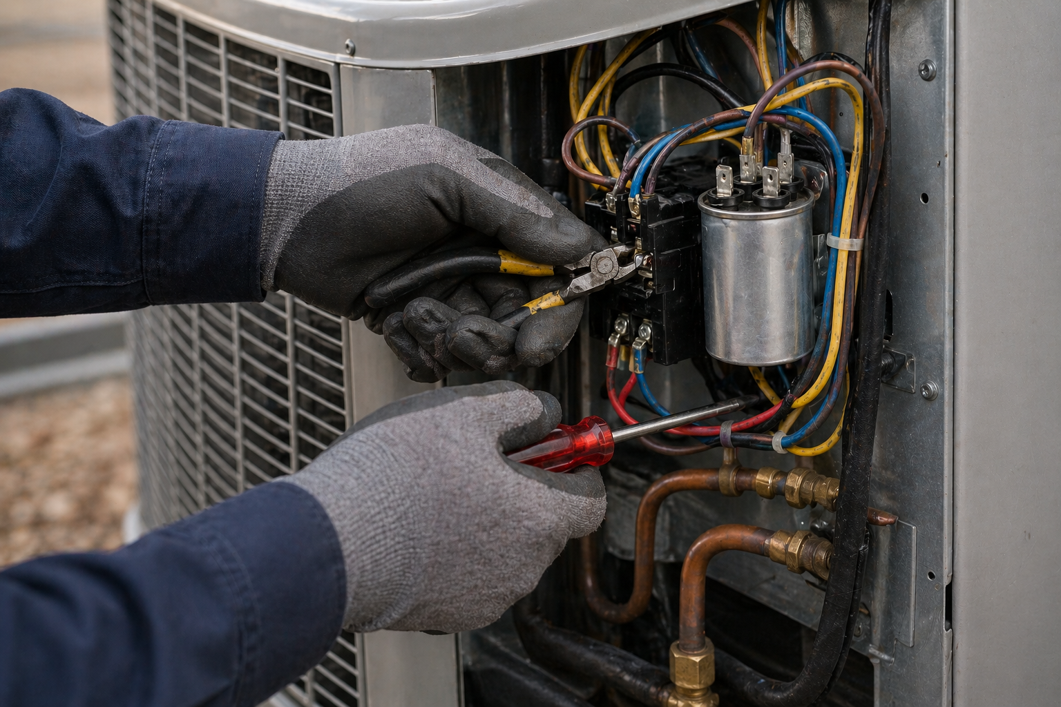 Gloved hands repairing wiring inside an outdoor HVAC unit with exposed components.
