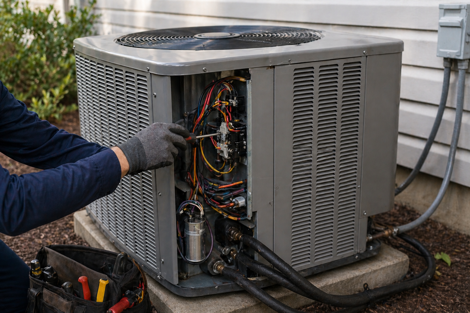 Technician working inside an outdoor HVAC unit with exposed wiring and tools nearby