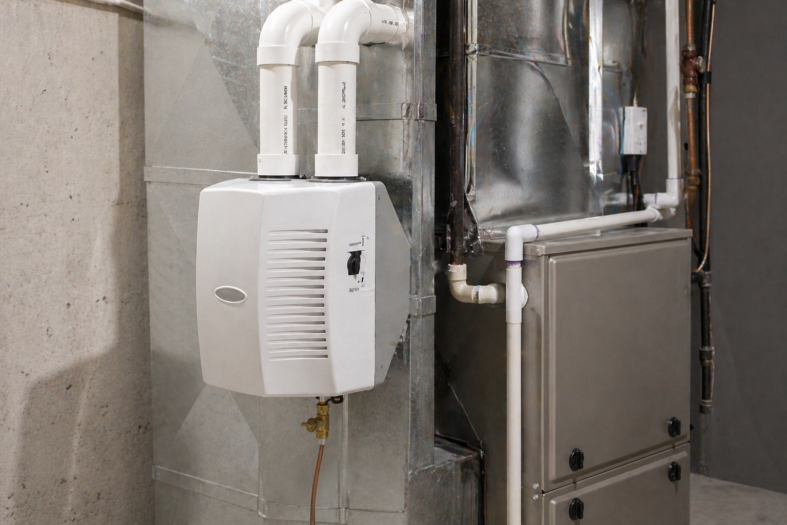 White utility unit with pipes mounted beside a furnace in a basement-like room