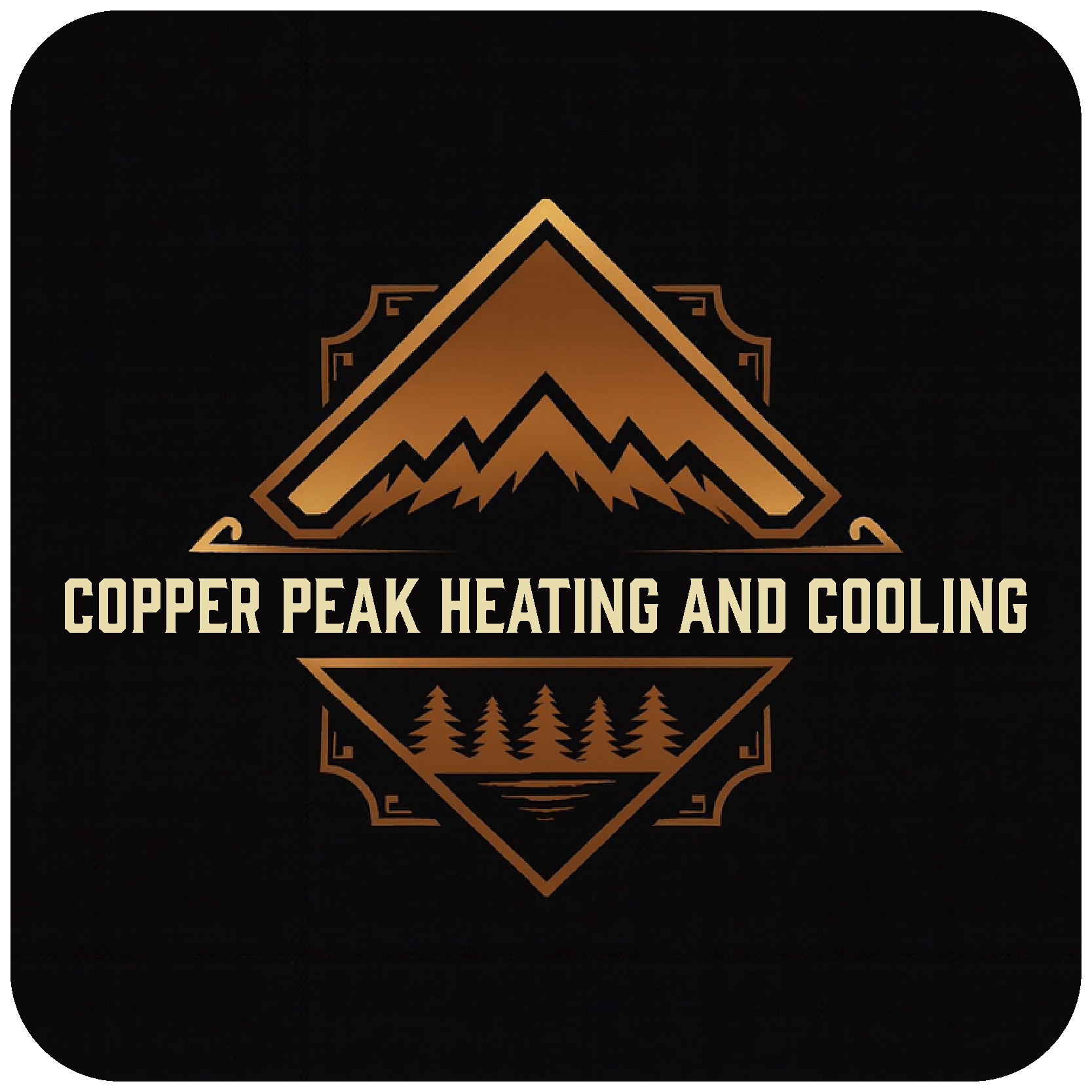 Summit Air Solutions logo with copper mountain peaks and pine trees on a black background