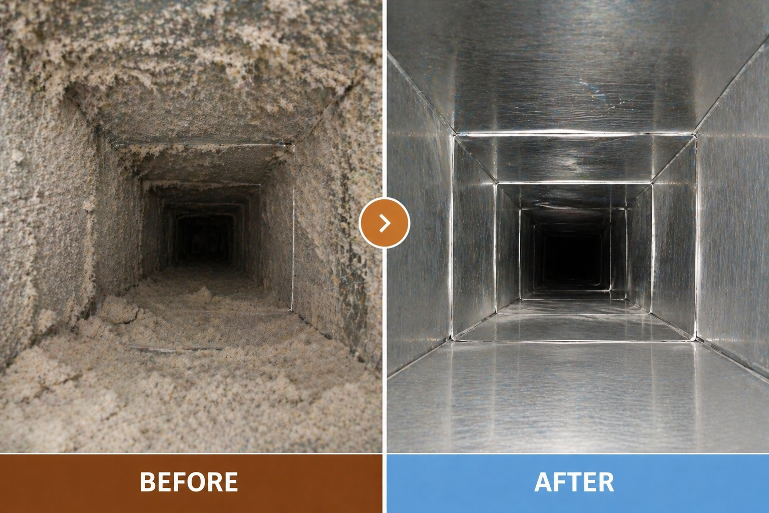 Side-by-side before and after of a dirty air duct cleaned to shiny metal interior.