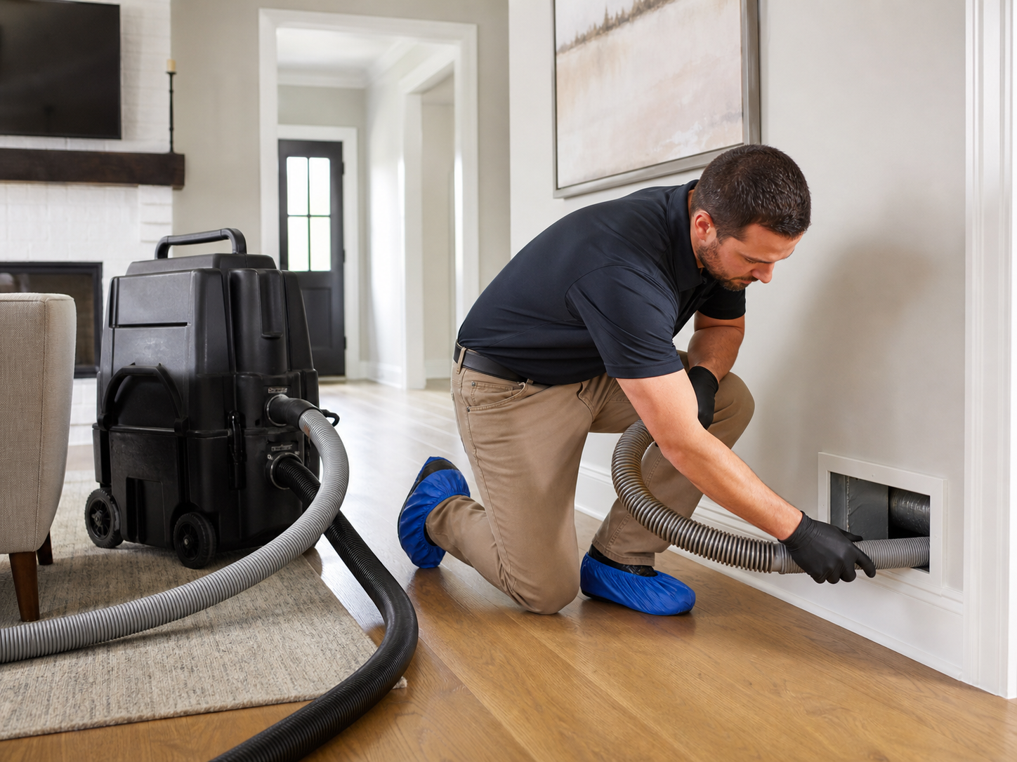 Man vacuuming a wall vent with a shop vacuum in a bright hallway