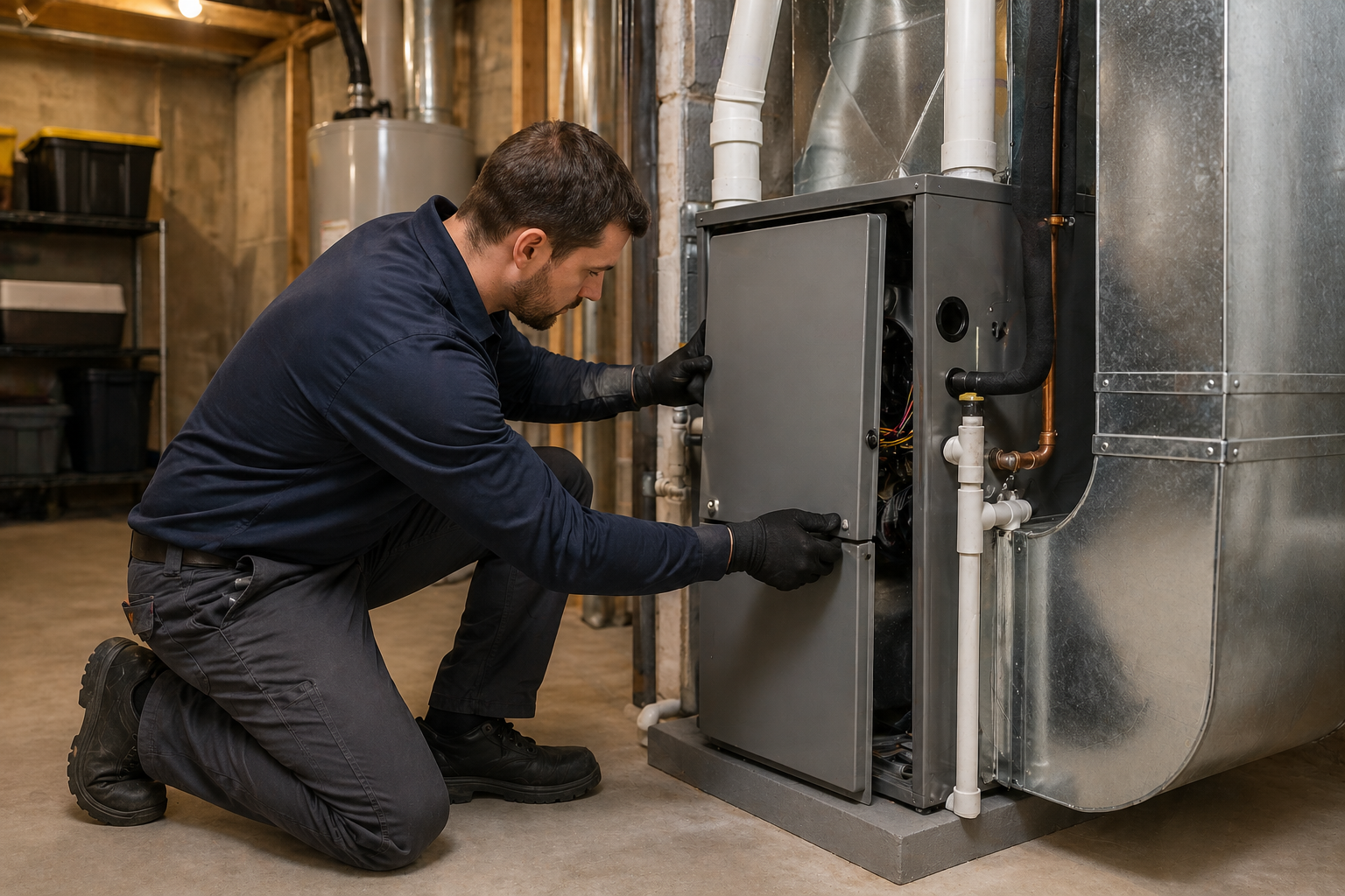 Technician kneeling to inspect or adjust a large metal HVAC unit in an industrial room