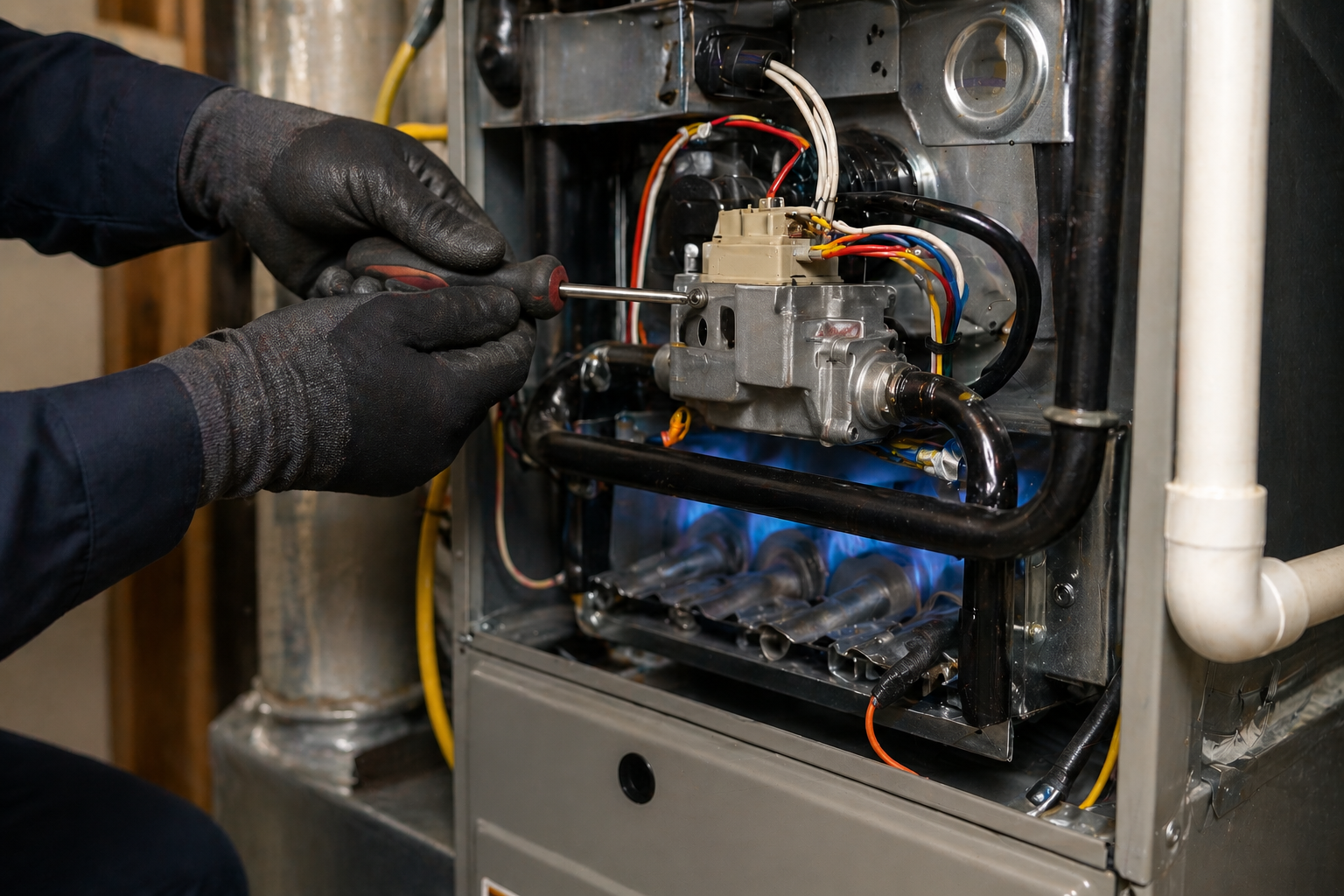 Gloved hands adjusting wiring inside a furnace with blue flames visible behind the panel