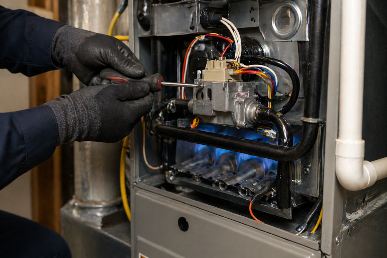 Gloved hands inspecting furnace wiring and components inside an open metal HVAC unit.