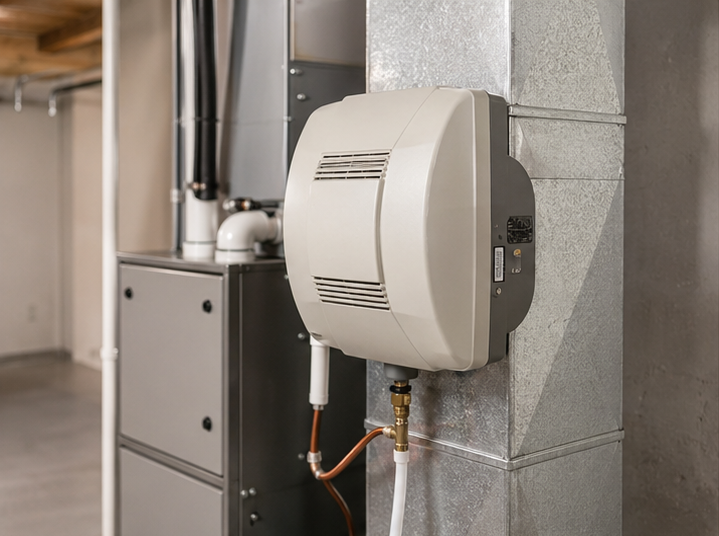 Wall-mounted gas water heater with pipes in a basement or utility room