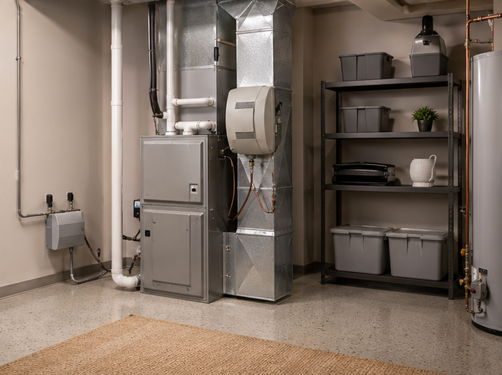 Basement utility room with furnace, water heater, ductwork, and metal shelving.