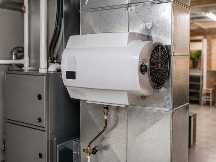 White industrial ventilation unit mounted on metal ductwork in a utility room
