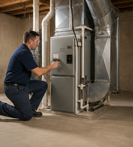 Technician kneeling beside a furnace, inspecting the control panel in a basement utility room.